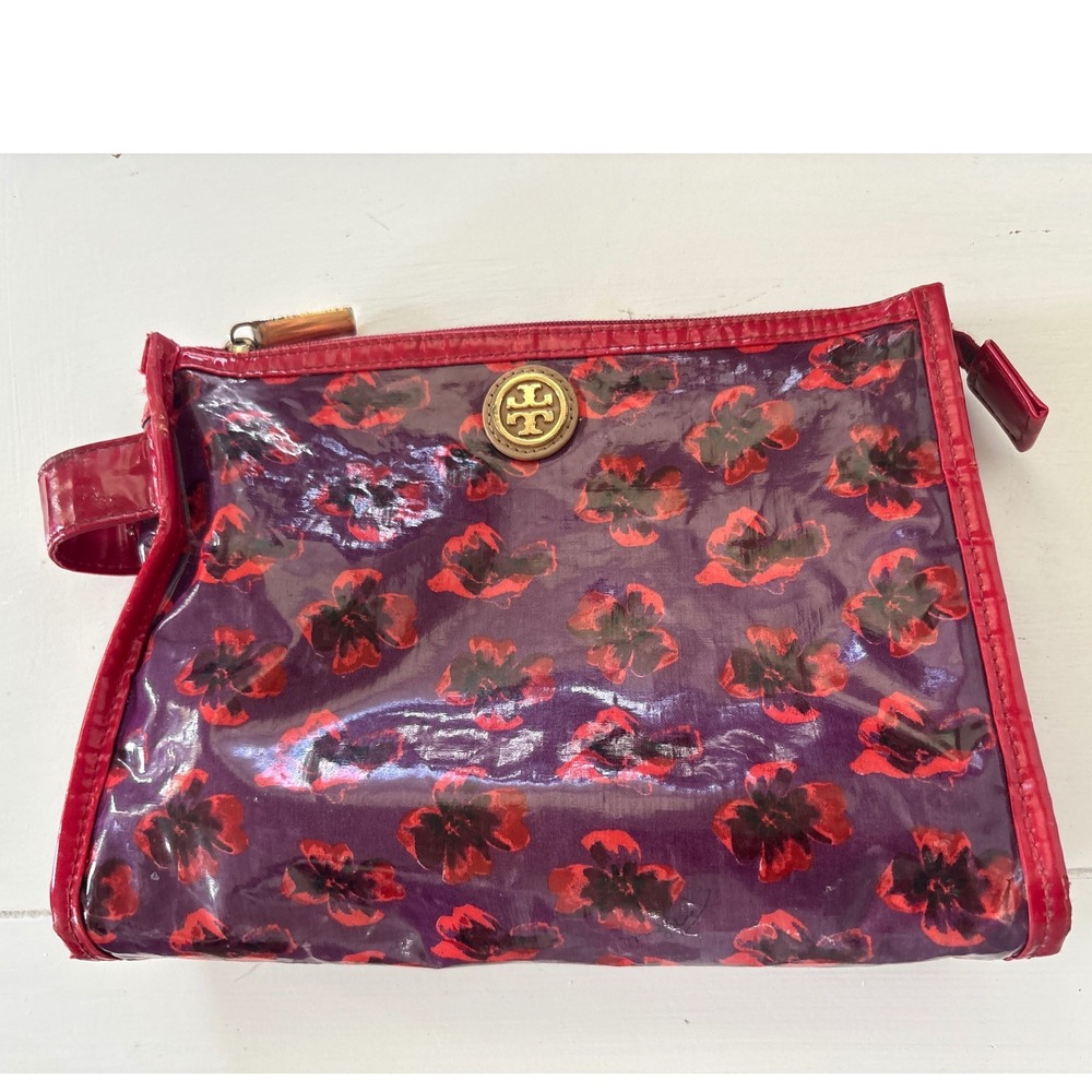Tory Burch Purple Red Floral Glossy PVC Cosmetic Makeup Bag Pouch with Logo